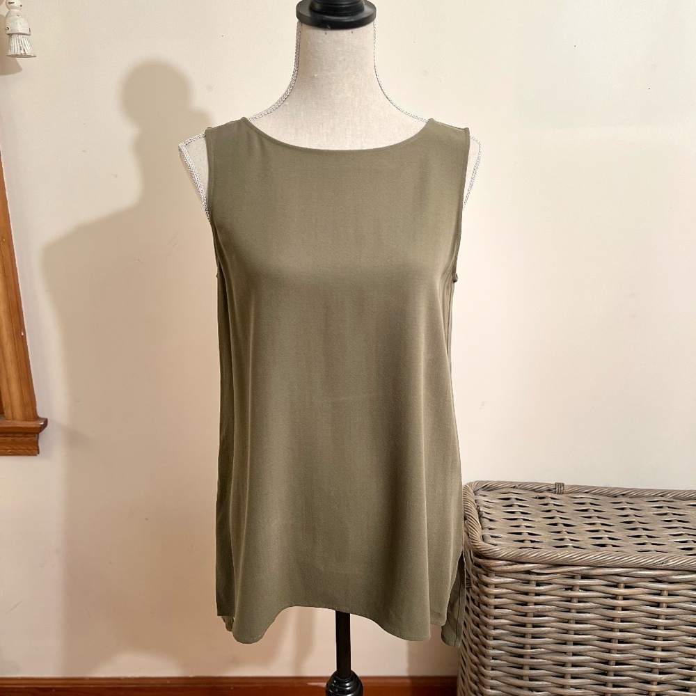 Eileen Fisher Olive Green 100 % Silk Long Tunic Tank Top Size Small